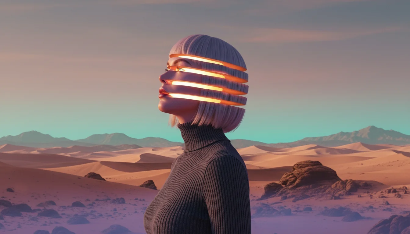 A futuristic portrait in a pastel desert landscape