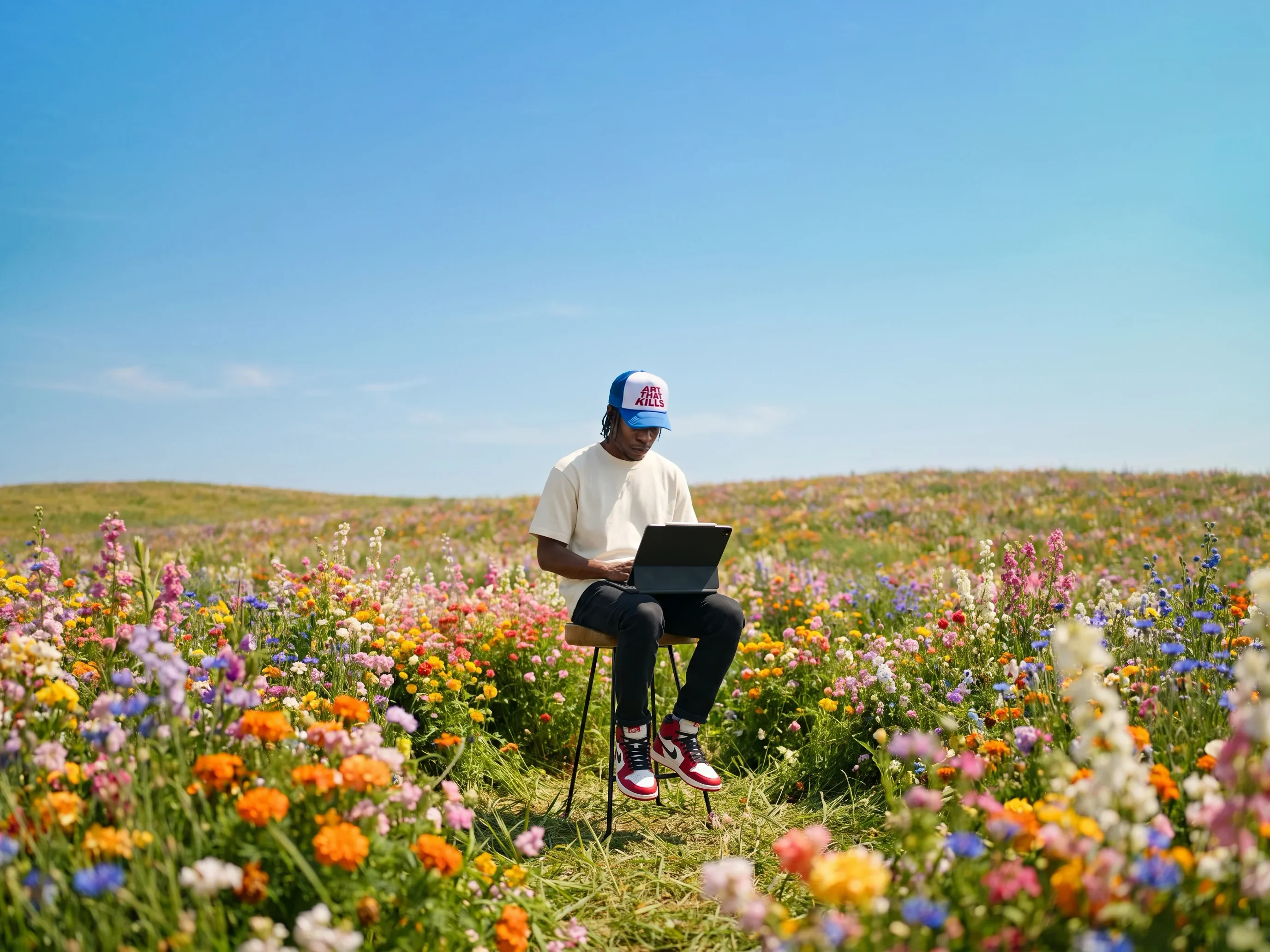 CB Mvula working on an iPad in a wildflower field